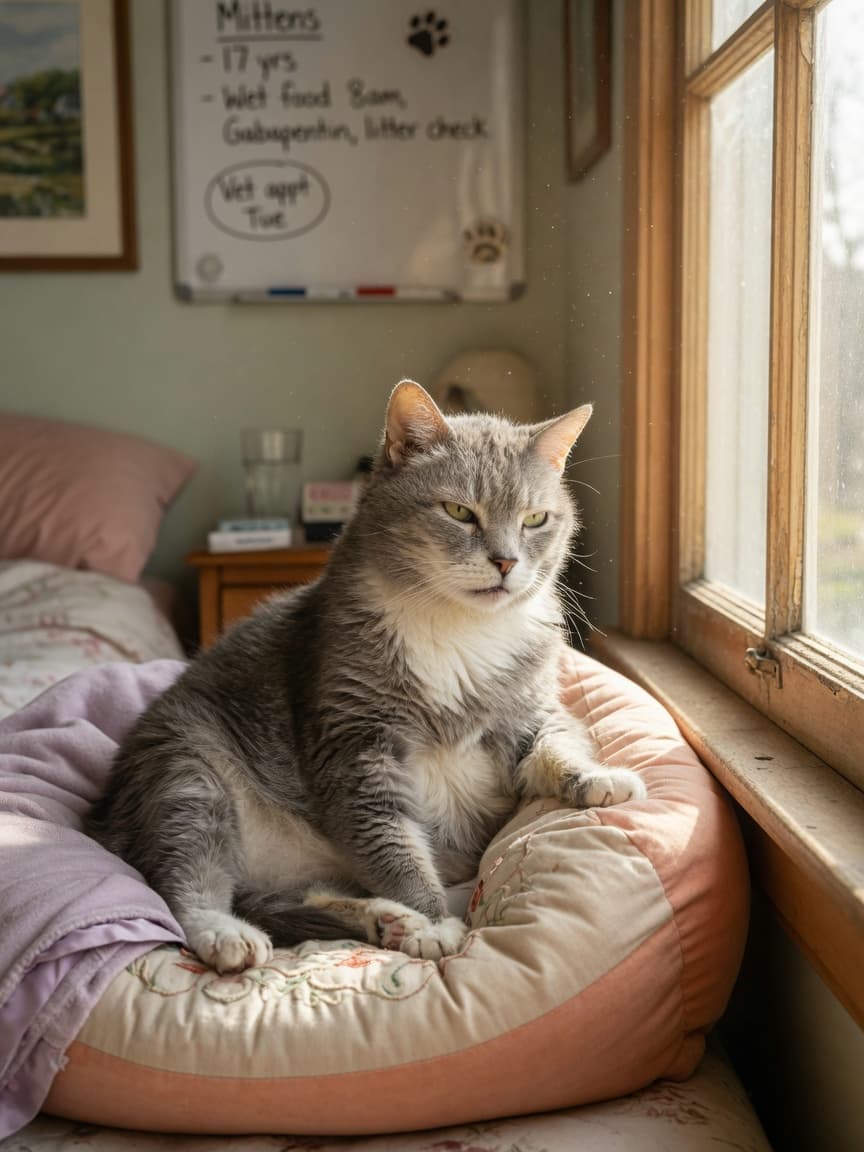 Senior gray and white cat looking confused by a sunny window, illustrating cognitive decline in aging pets