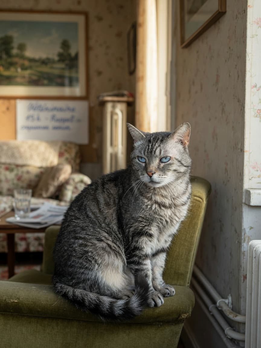 Senior tabby cat with clouded eyes staring blankly into a corner, appearing disoriented in a familiar home environment