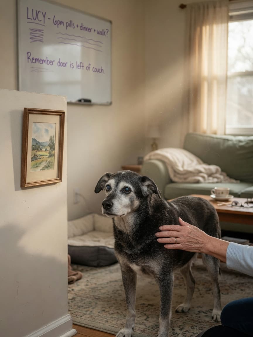 Senior dog with greying muzzle standing confused in familiar living room, owner's concerned hand visible in frame