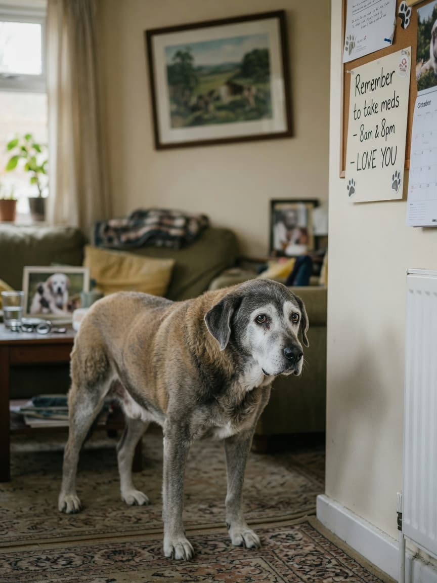 An elderly senior dog with a grey muzzle standing confused and disoriented in a familiar living room, staring blankly at a wall with a distant expression.