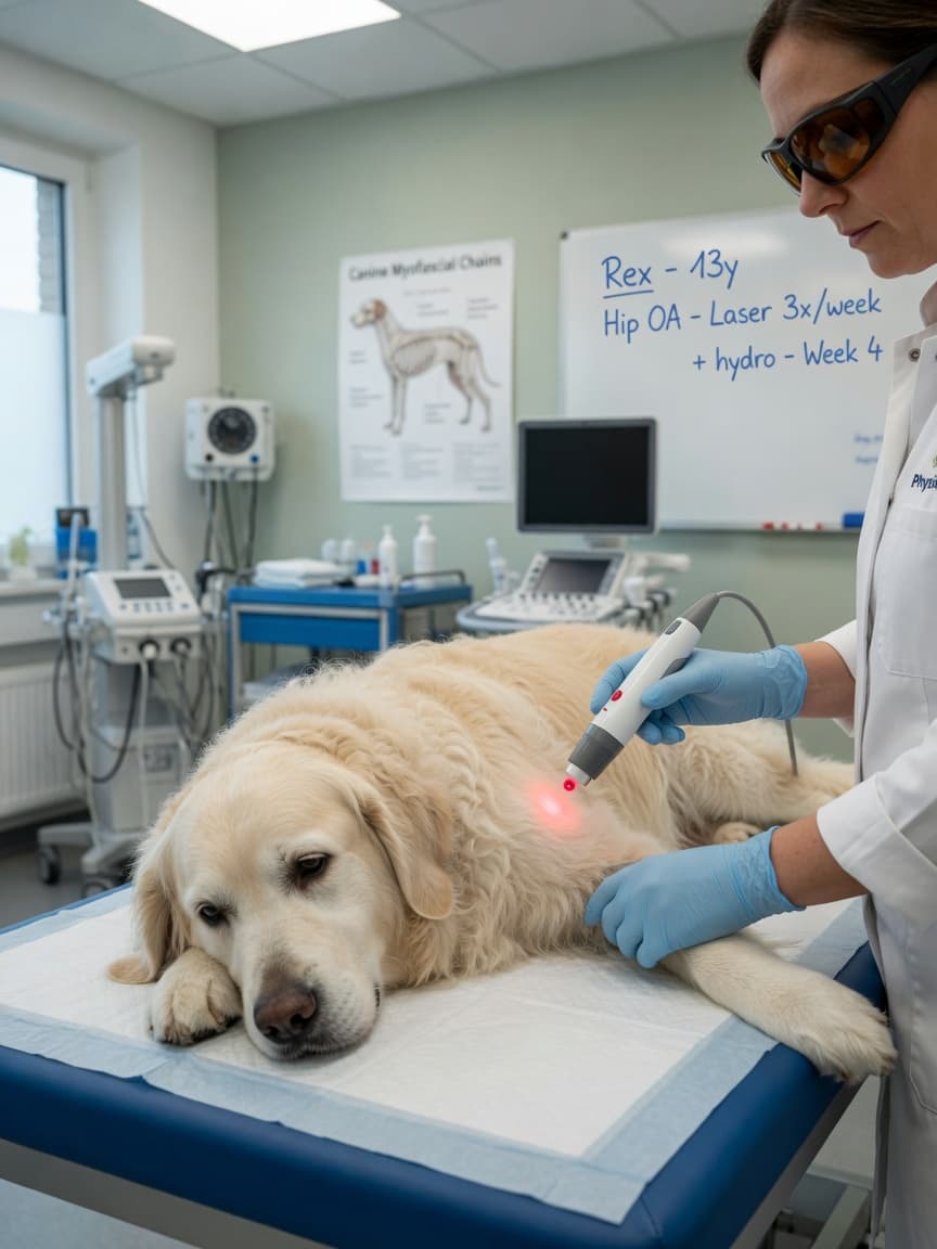 Veterinary therapist administering cold laser therapy to a senior Golden Retriever's hind leg in a modern clinic setting