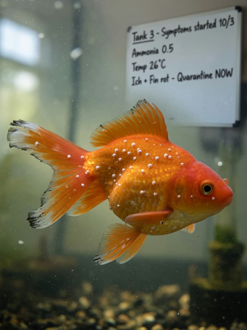 Close-up of a goldfish showing visible white spots from ich parasites and frayed fin edges from fin rot