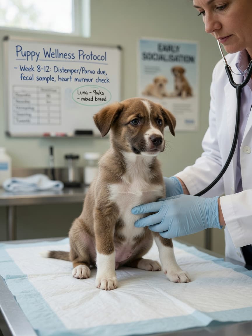 Veterinarian performing a routine health examination on a young puppy during a wellness check