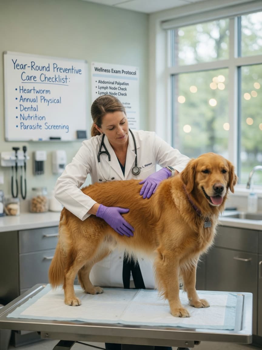 Veterinarian performing a comprehensive physical health examination on a Golden Retriever during an annual wellness check