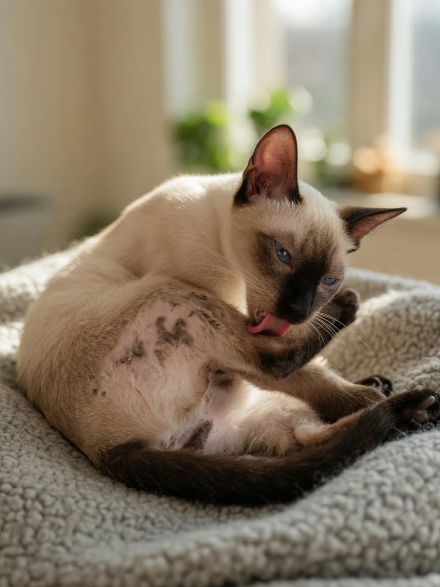 A seal-point Siamese cat intensely grooming its belly on a soft wool blanket, showing thinned fur from overgrooming behavior