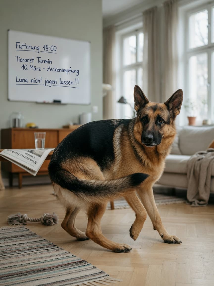 German Shepherd dog compulsively chasing its tail in a living room with intense, distressed focus