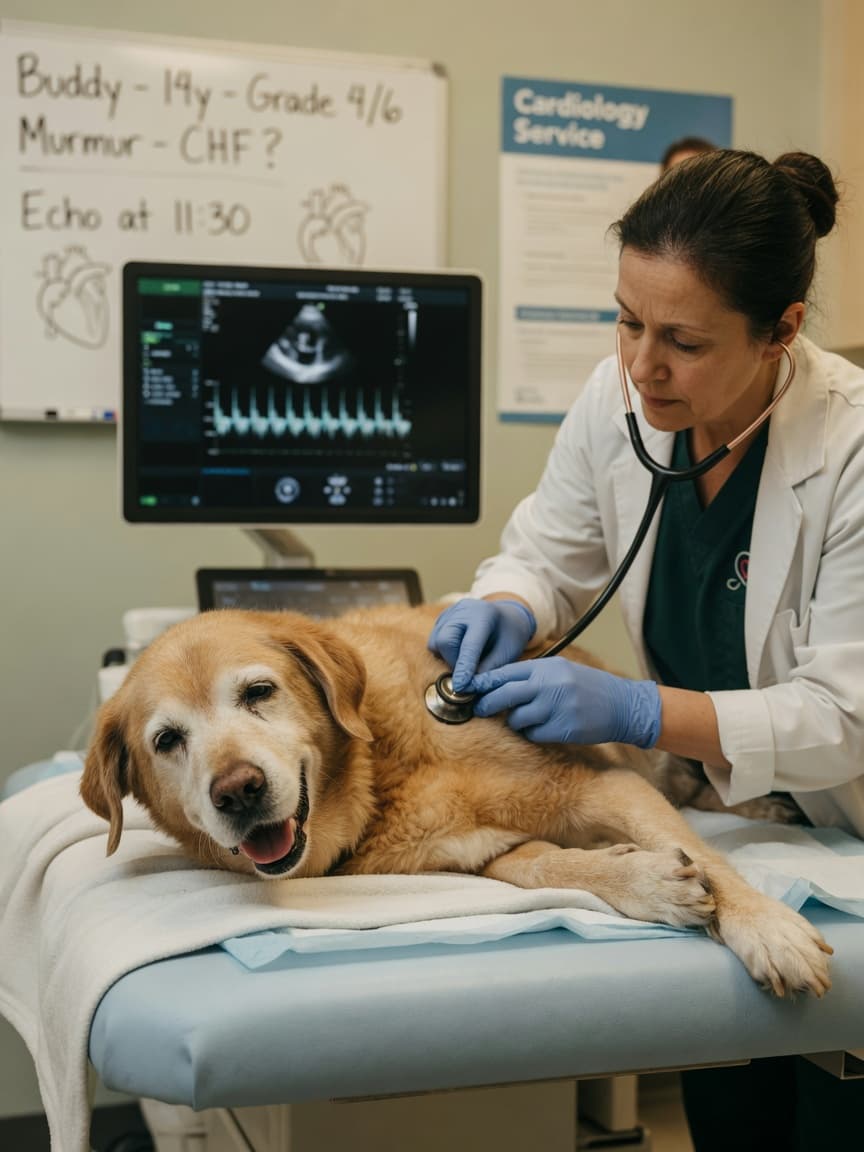 Senior dog undergoing cardiac examination with stethoscope during veterinary consultation for heart condition assessment