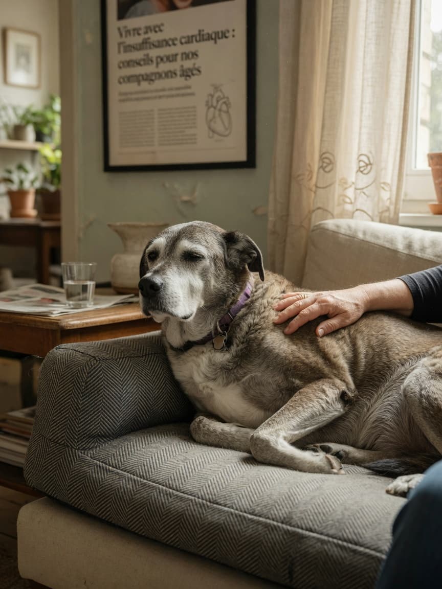 Elderly dog resting on soft bed with owner's hand on shoulder, gentle window light creating a calm, compassionate scene