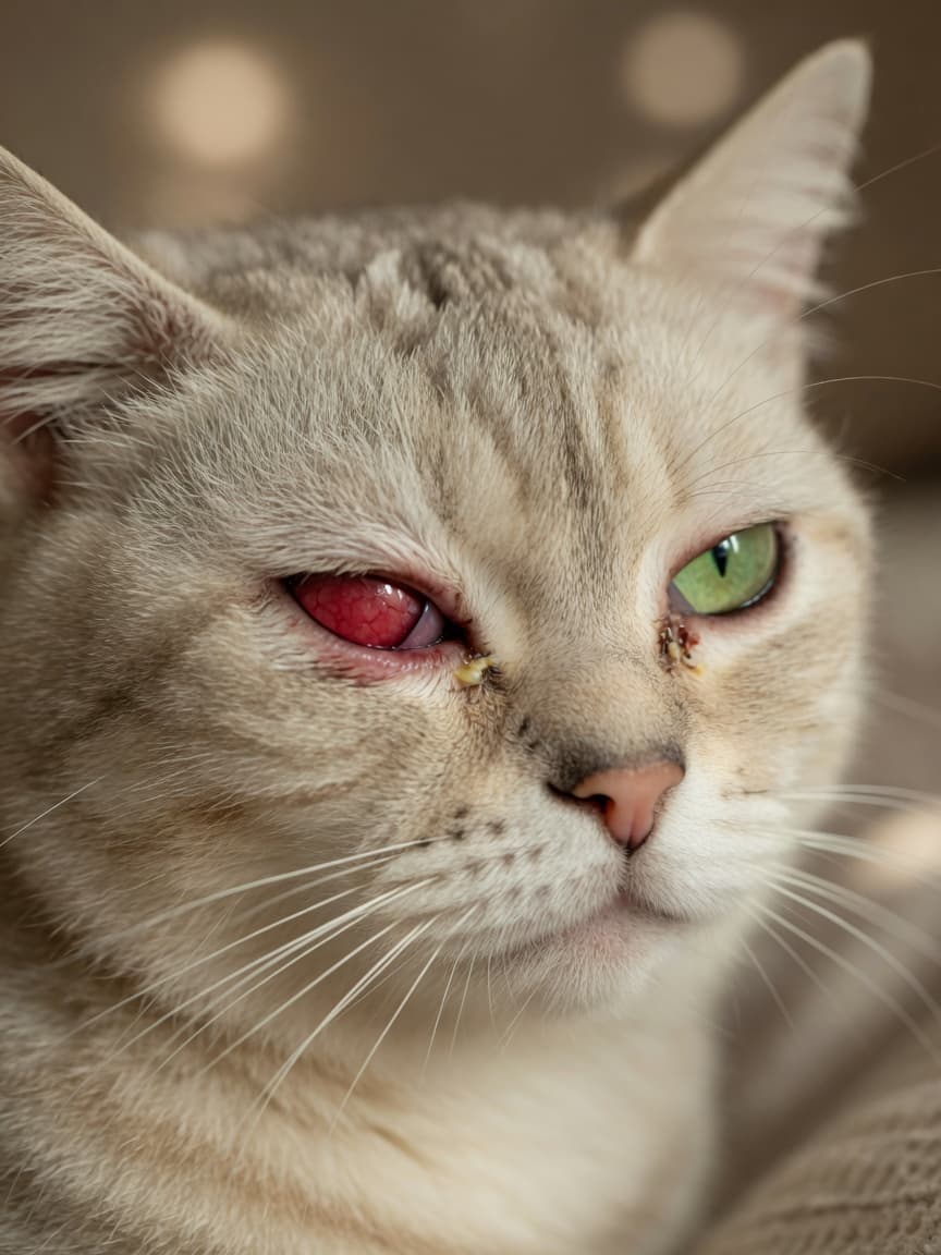 Close-up of a cat's face showing red, inflamed conjunctiva and mild discharge from one eye, demonstrating conjunctivitis symptoms