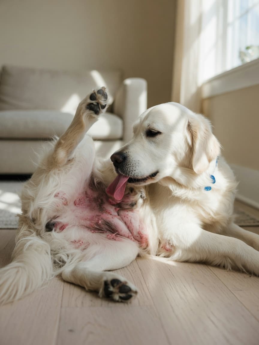 Golden Retriever with visible skin irritation and redness on belly and inner thigh, licking affected area in discomfort