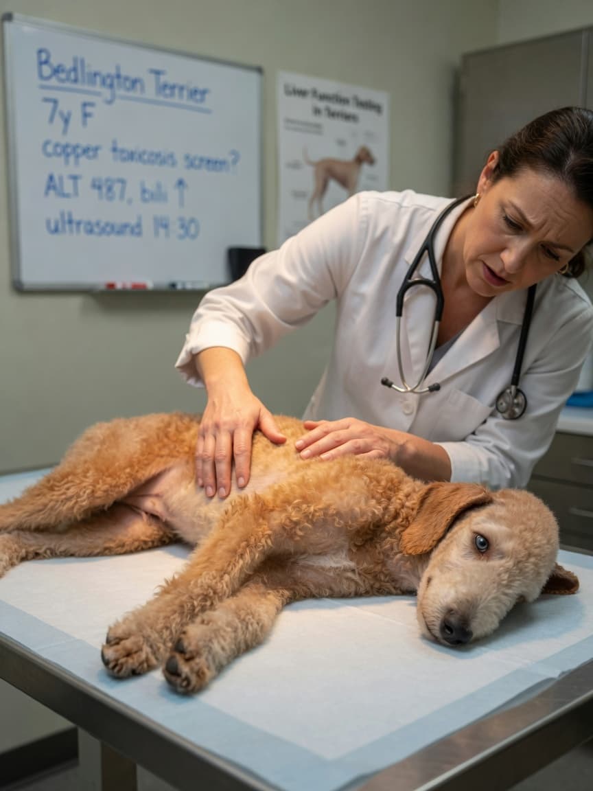 Veterinarian examining a Bedlington Terrier's abdomen on a clinic table to assess liver disease