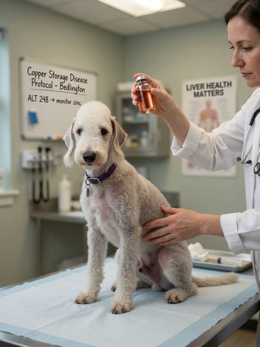 Bedlington Terrier undergoing abdominal examination by veterinarian at clinic table
