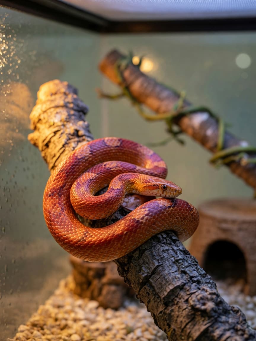 A healthy orange and red corn snake with saddle markings coiled on cork bark inside a vivarium with proper heating gradient visible
