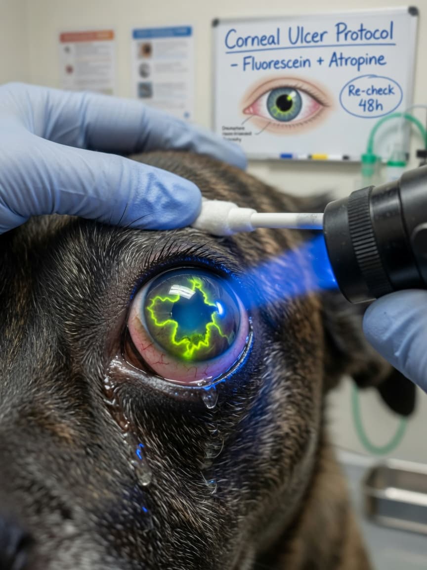 Close-up of a dog's eye being examined by a veterinarian using fluorescein stain and slit-lamp light to diagnose a corneal ulcer