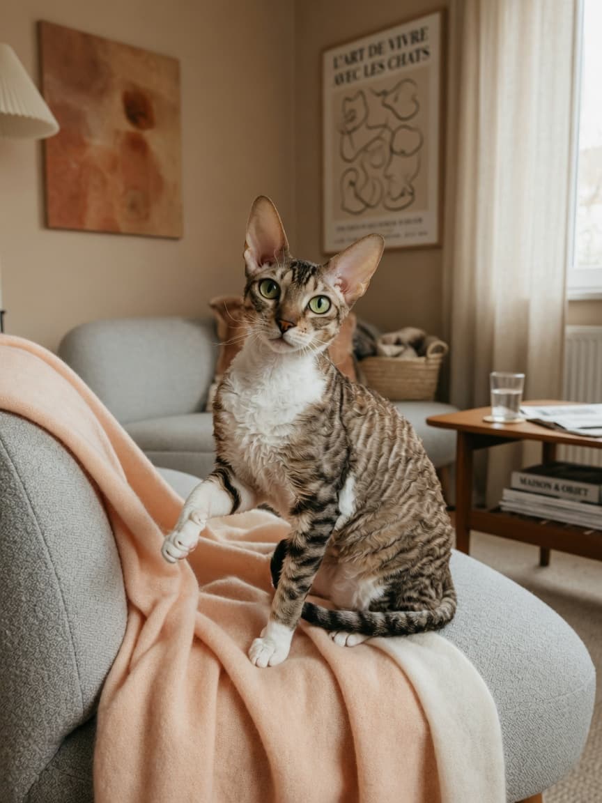 Cornish Rex cat with wavy coat sitting on a warm blanket in a sunlit living room, displaying affectionate temperament