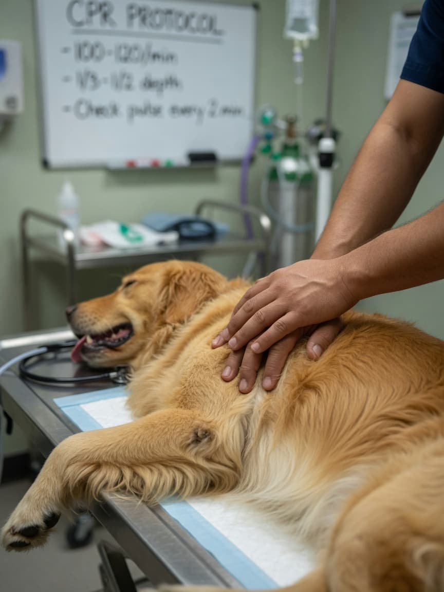 Veterinarian performing chest compressions on an unconscious golden retriever during emergency CPR in a clinical setting