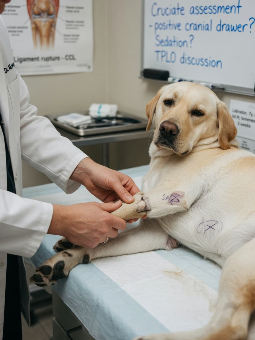 Veterinarian examining a Labrador Retriever's hind leg and knee joint during a cruciate ligament injury assessment