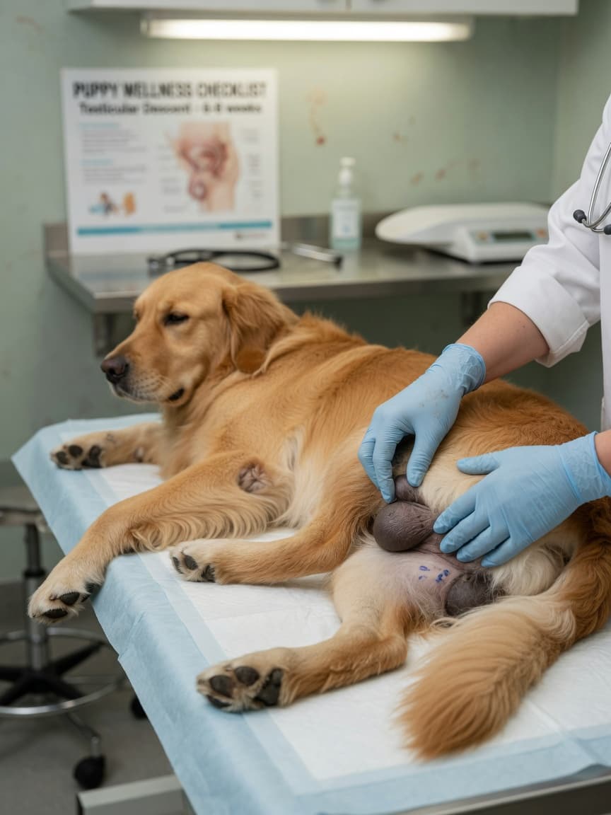 Veterinarian performing physical examination of male dog's inguinal region to check for descended testicles