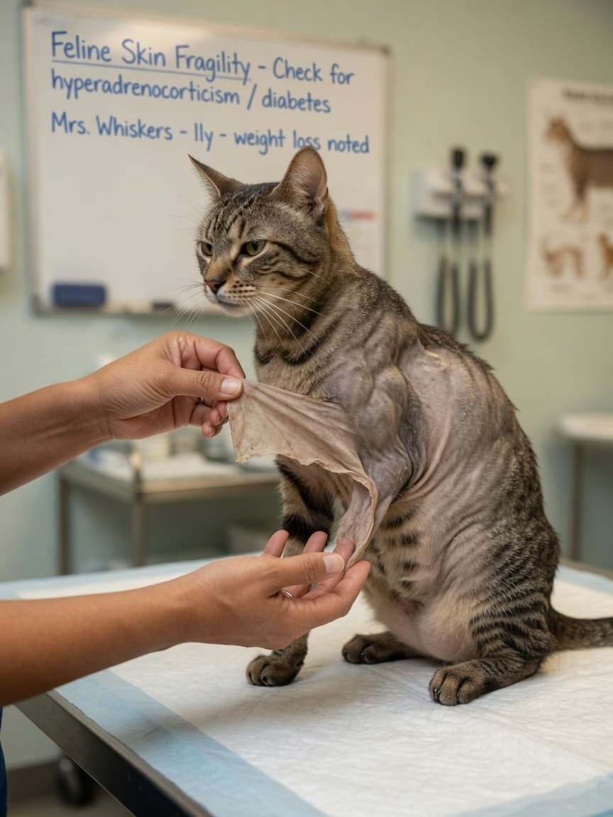 Veterinarian examining a fragile cat's thin skin during a clinical examination for Cushing's disease diagnosis