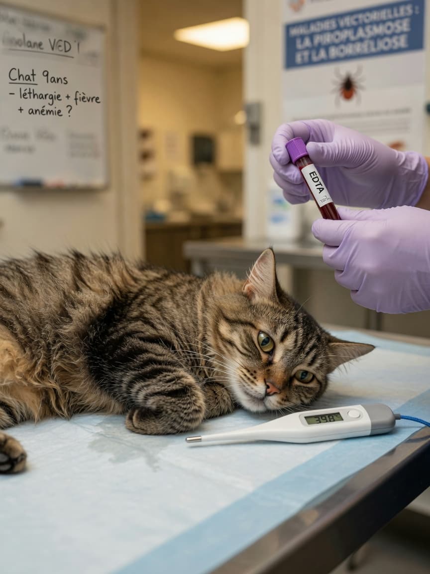 Sick domestic tabby cat on veterinary examination table with fever thermometer, showing lethargy and illness during diagnostic evaluation