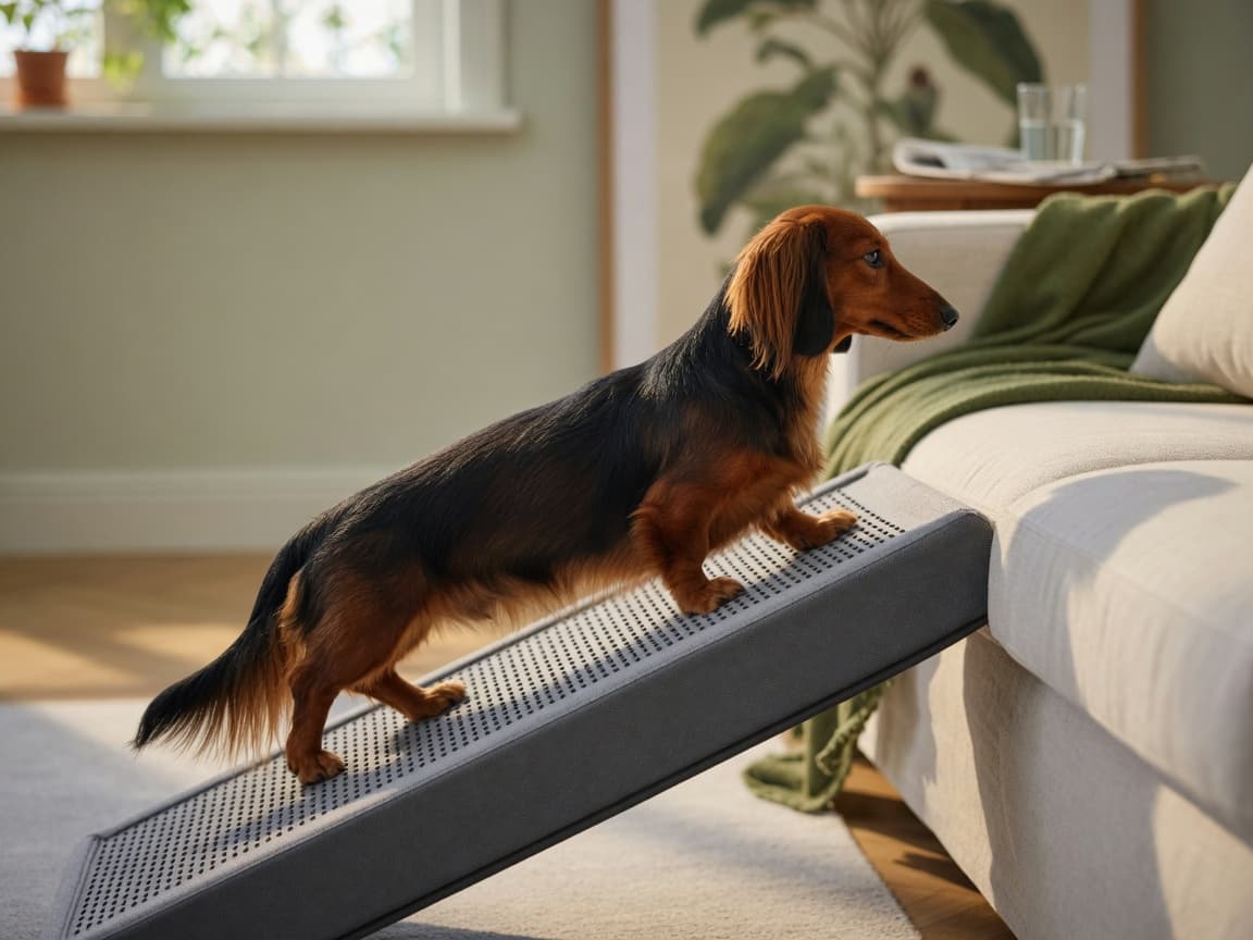 A dachshund with elongated body and short legs walking up a gray pet ramp to access a sofa, demonstrating spine-safe furniture access in a bright living room.