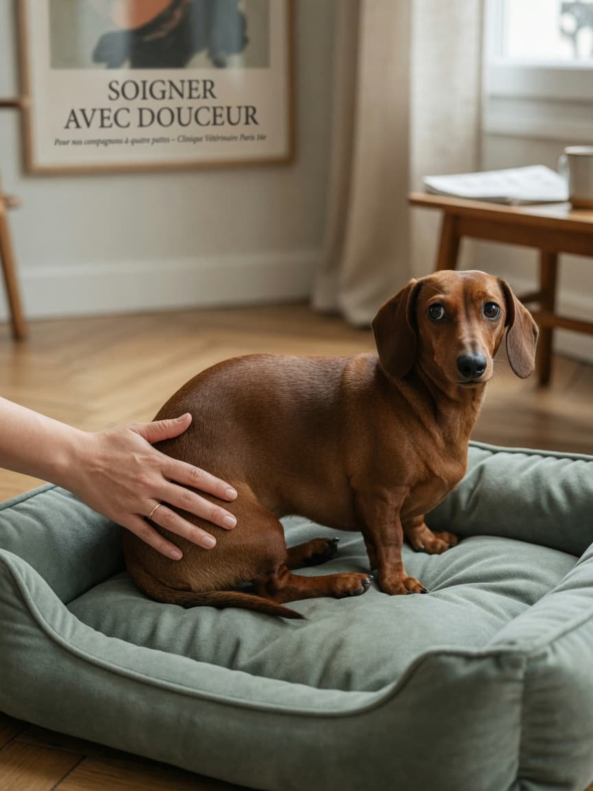 Dachshund with arched back posture lying on a bed while owner gently supports its lower back