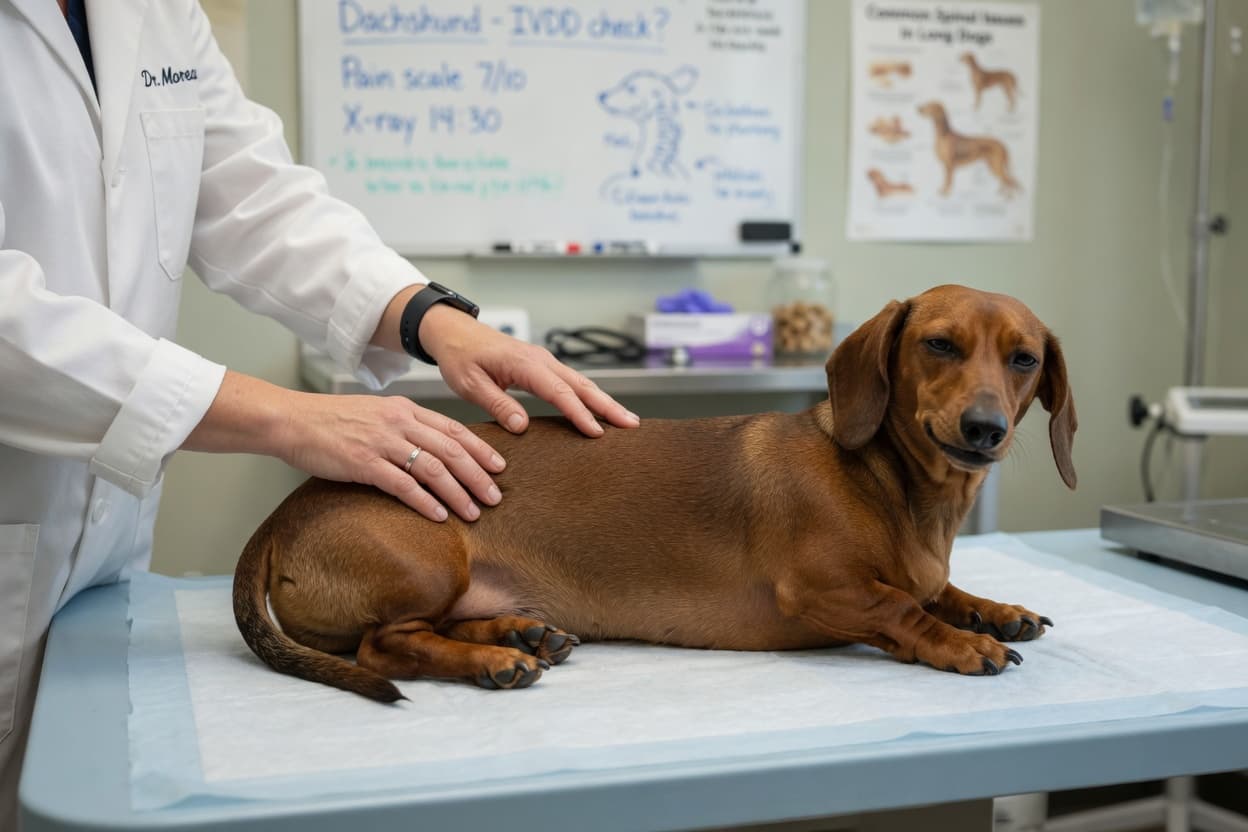 Veterinarian examining a dachshund's back and spine during a physical examination
