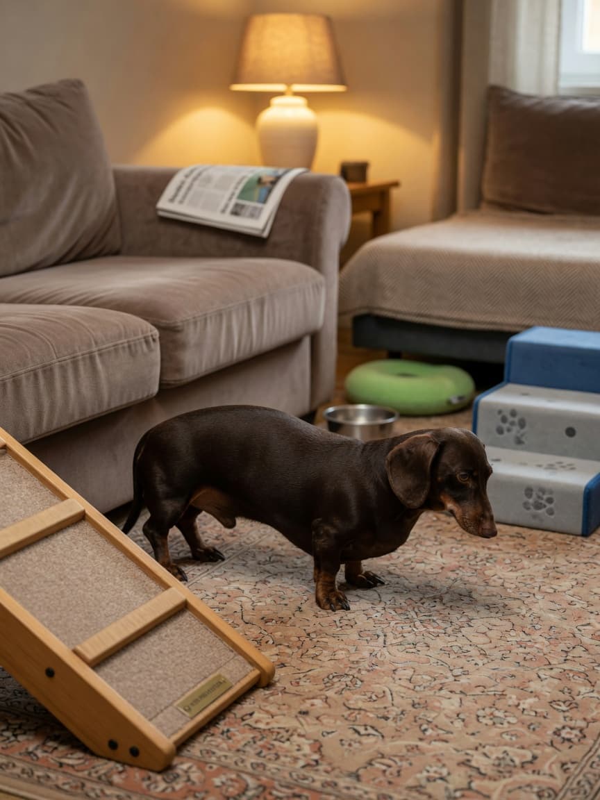 A dachshund with a hunched back posture standing on carpeted floor with protective ramps and dog stairs visible in a home setting