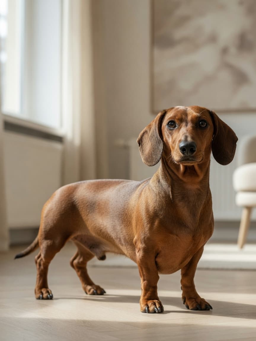 A smooth-coated red Dachshund with characteristic long body and short legs, standing in natural light