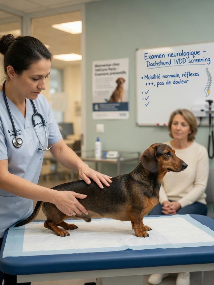 Veterinarian examining a dachshund's spine during a neurological examination in a calm clinic setting
