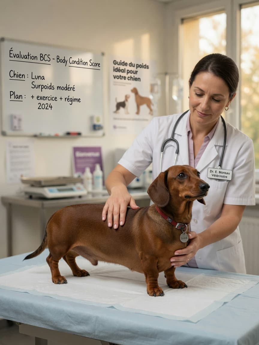 Veterinarian gently examining an overweight dachshund's body condition during a weight management assessment