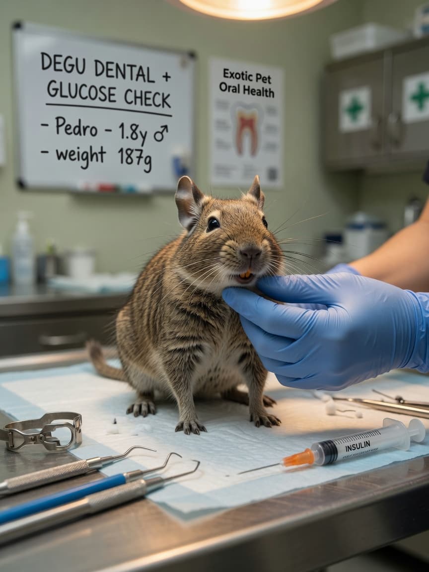 Degu at veterinary examination with vet examining its teeth, insulin syringe on table