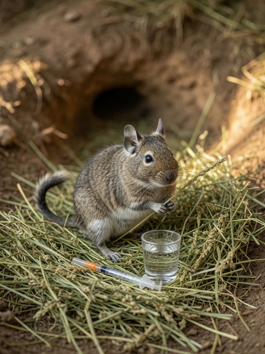 A degu sitting on timothy hay with an insulin syringe and water glass beside it, representing diabetes risk in pet degus