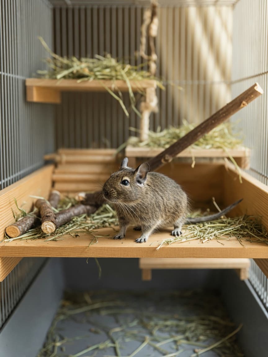 A small brown and grey degu standing alert on a wooden shelf in a spacious multi-level cage enclosure with hay and natural lighting