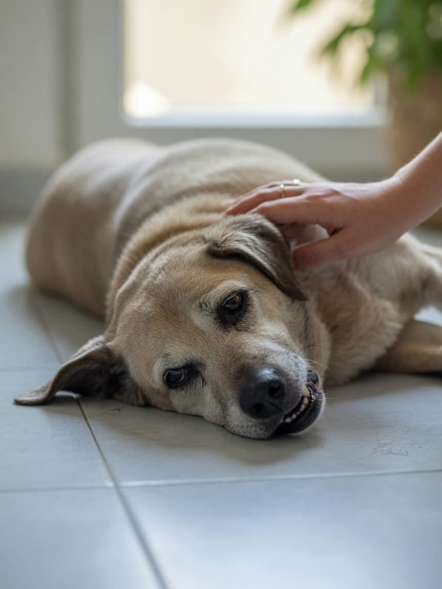 Dehydrated dog lying on floor showing lethargy and sunken eyes with owner's concerned hand nearby