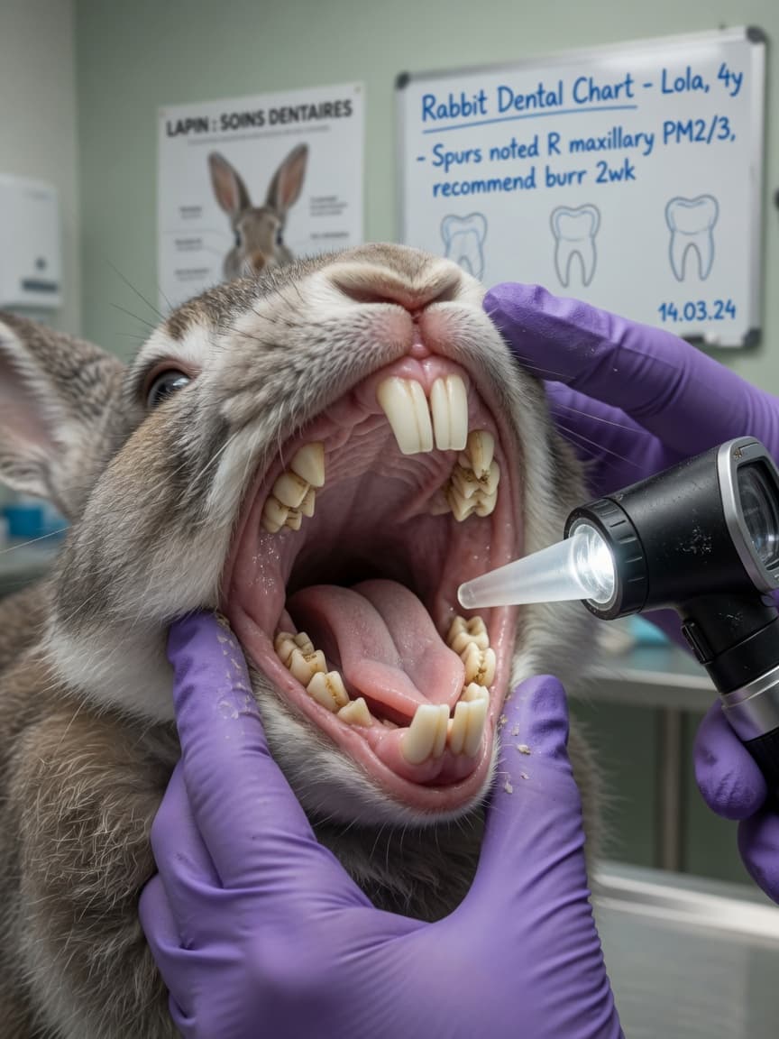 Close-up of a rabbit's open mouth during a dental examination under sedation, veterinarian using an otoscope to examine the teeth