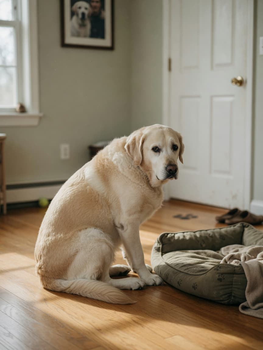 Solitary golden retriever sitting by empty dog bed, gazing toward door with expression of grief and loss