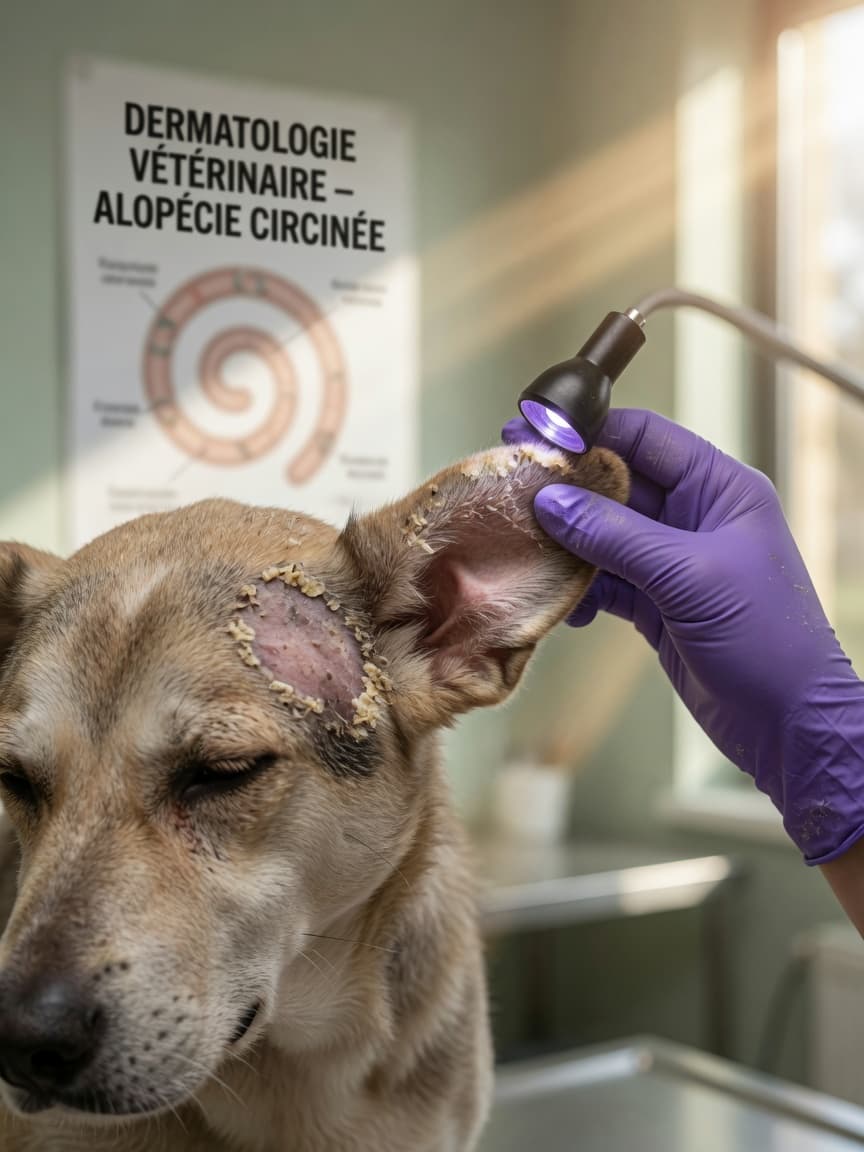 Close-up of a dog's skin showing circular ringworm lesions with hair loss and scaling, veterinarian examining with dermatological lamp