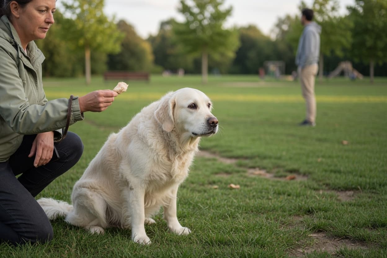 A cream-colored golden retriever with tensed posture sitting in a park, looking at a distant still person, while its handler calmly presents a food reward nearby during desensitisation training.