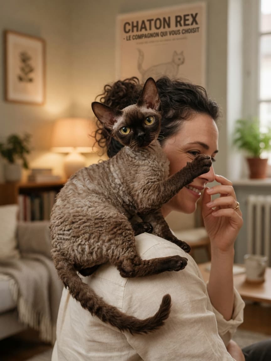 A Devon Rex cat with distinctive large pointed ears and curly coat perched affectionately on its owner's shoulder indoors