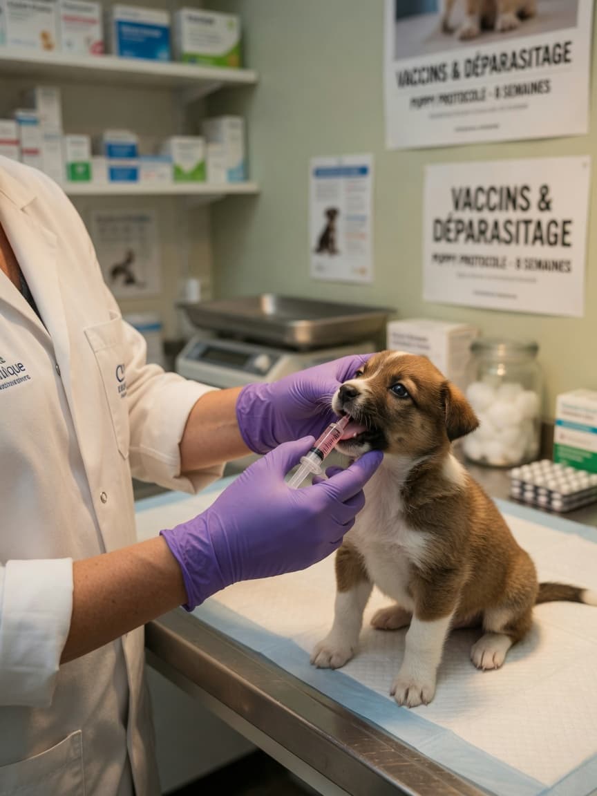 Veterinarian administering deworming treatment to a puppy on an examination table