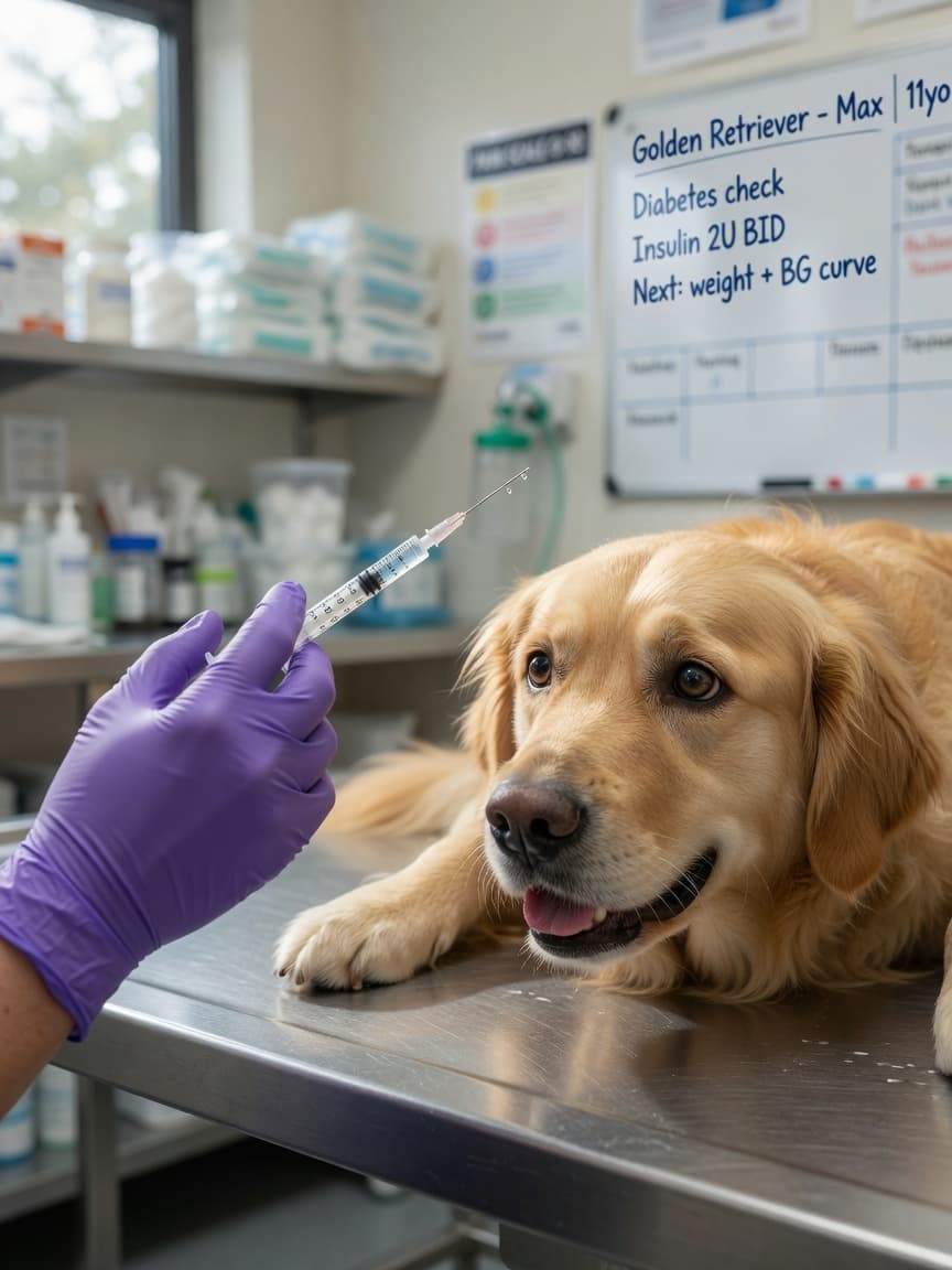 Veterinarian holding an insulin syringe beside a calm golden retriever on an exam table in a veterinary clinic