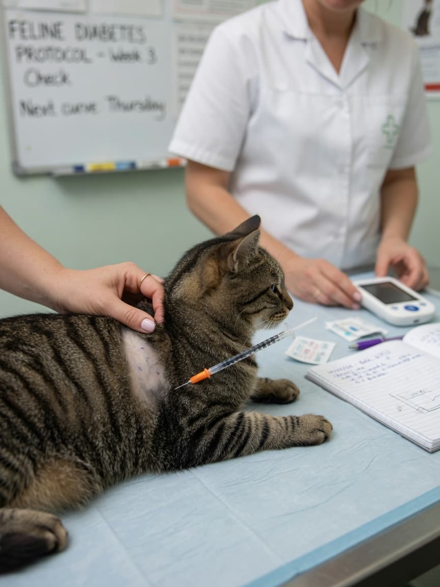 Tabby cat receiving insulin injection at vet examination table with owner's hand steadying the cat