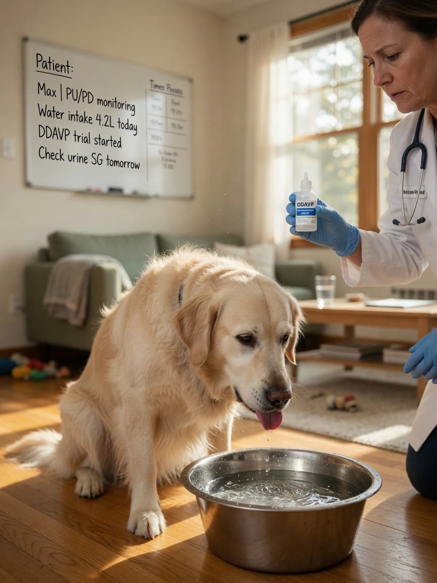 Golden retriever drinking from water bowl while veterinarian observes, holding DDAVP treatment bottle