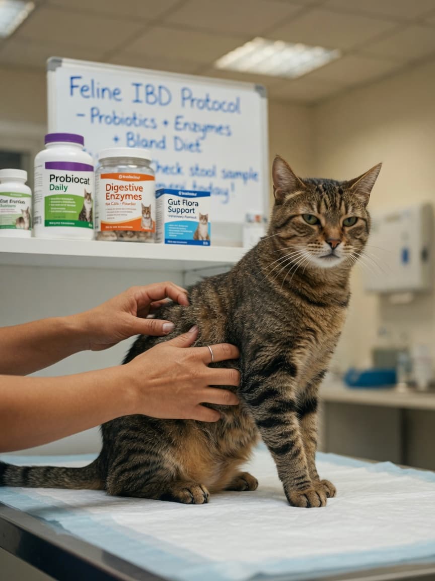 Veterinarian examining a tabby cat's abdomen on an examination table during a digestive health consultation
