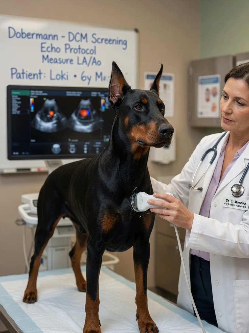 Veterinary cardiologist performing echocardiography on a black and tan Dobermann Pinscher during cardiac screening