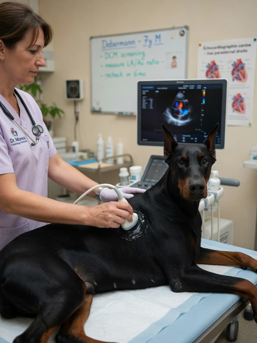 Veterinary cardiologist performing echocardiogram on a black Dobermann Pinscher during cardiac examination