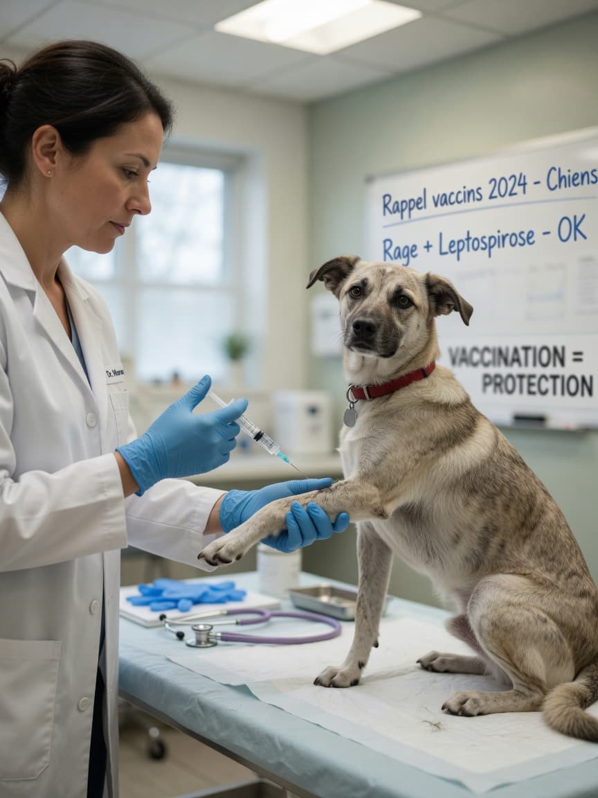 Veterinarian administering a canine distemper vaccination injection to a calm dog during a clinical appointment