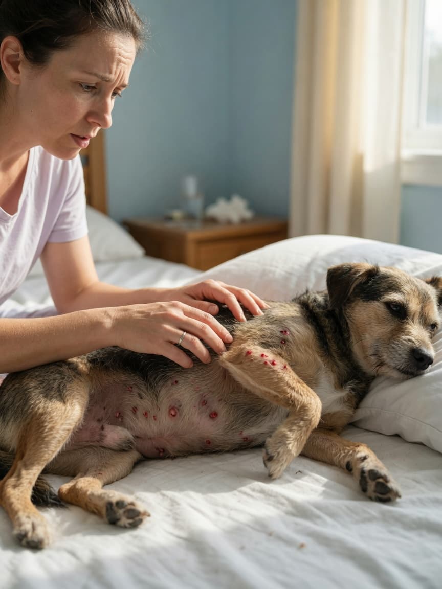 Dog owner examining dog's belly for bed bug bite marks and red welts on skin
