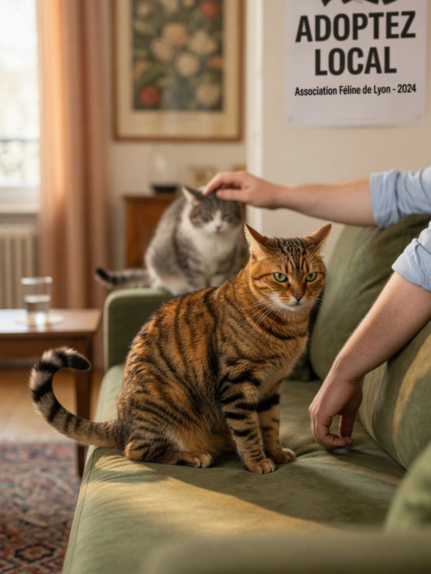 Tabby cat with jealous expression watching another cat receive attention from a person on a couch